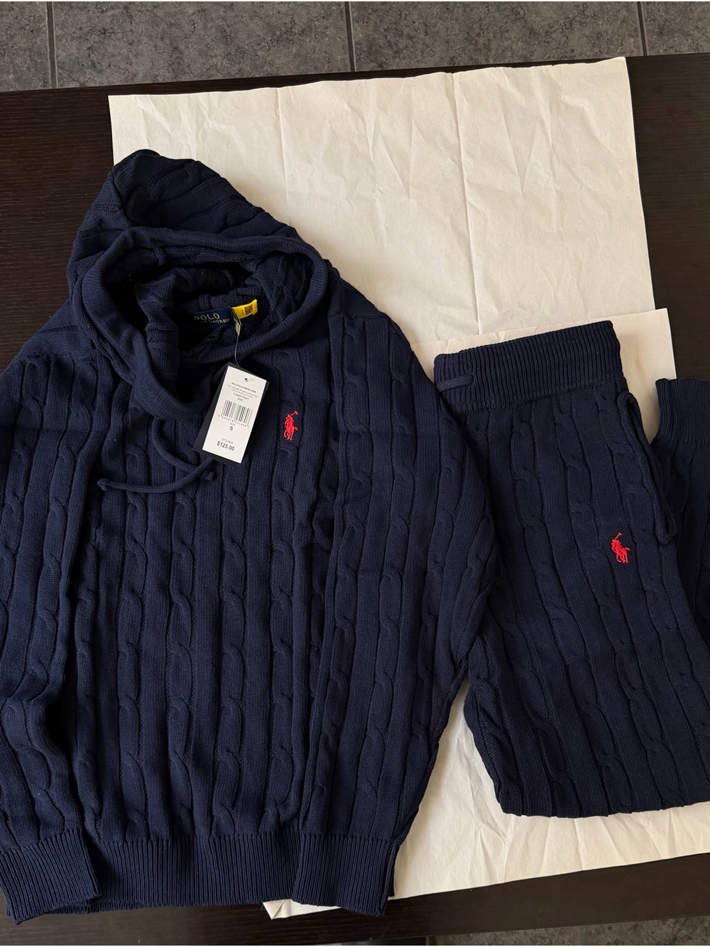 Ralph Lauren Charcoal Cable-Knit Hoodie with Red Pony - Picture 1 of 9
